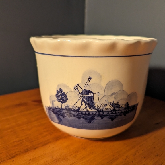 Vintage MCM Windmill Sailboat Ceramic Bowl Planter Container Blue White - Picture 3 of 9